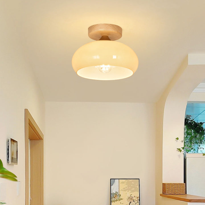 Zeitgenössische nordische Kuppel Halbkreis Eisen Massivholz Glas 1 - Licht Halbeinbau-Deckenleuchte für Flure 