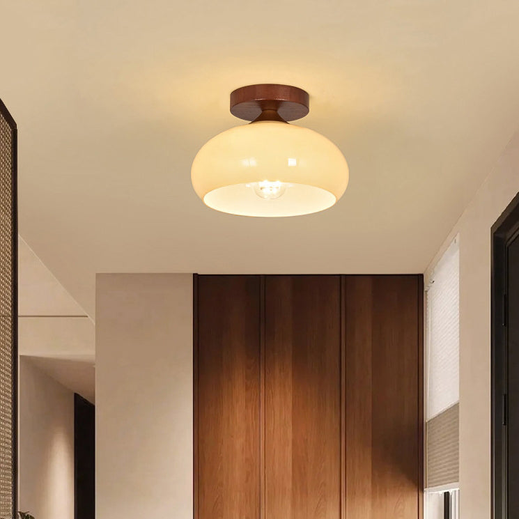 Contemporary Nordic Dome Semicircle Iron Solid Wood Glass 1 - Light Semi-Flush Mount Ceiling Light For Hallways
