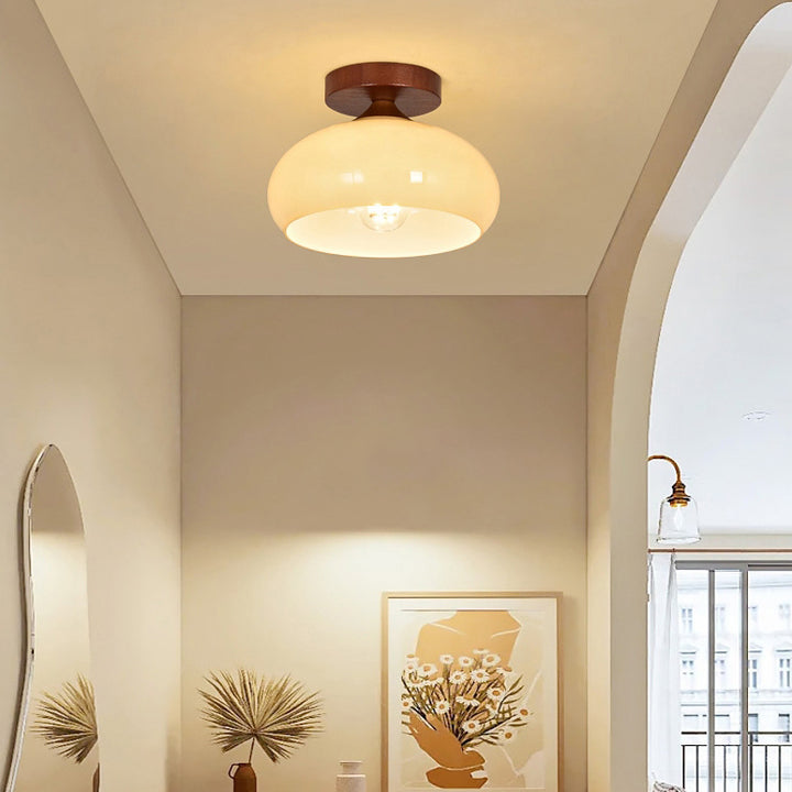 Luz de techo semiempotrada contemporánea nórdica de semicírculo de hierro, madera maciza y vidrio con 1 luz para pasillos 
