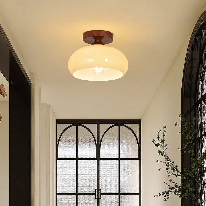 Zeitgenössische nordische Kuppel Halbkreis Eisen Massivholz Glas 1 - Licht Halbeinbau-Deckenleuchte für Flure 