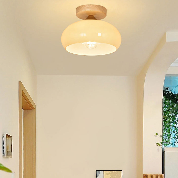 Luz de techo semiempotrada contemporánea nórdica de semicírculo de hierro, madera maciza y vidrio con 1 luz para pasillos 