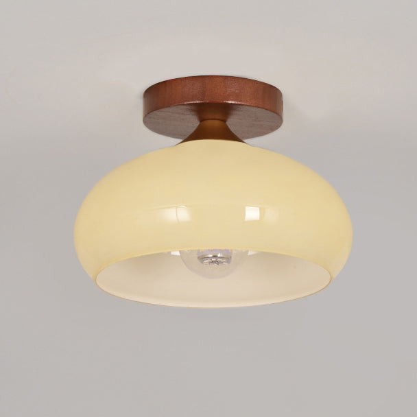 Contemporary Nordic Dome Semicircle Iron Solid Wood Glass 1 - Light Semi-Flush Mount Ceiling Light For Hallways