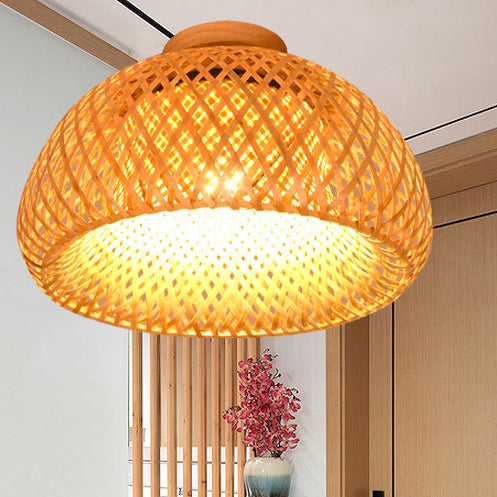 Lámpara de techo semiempotrada de 1 luz de madera maciza con tejido de bambú en semicírculo bohemio contemporáneo para pasillos 