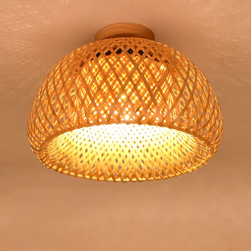 Lámpara de techo semiempotrada de 1 luz de madera maciza con tejido de bambú en semicírculo bohemio contemporáneo para pasillos 