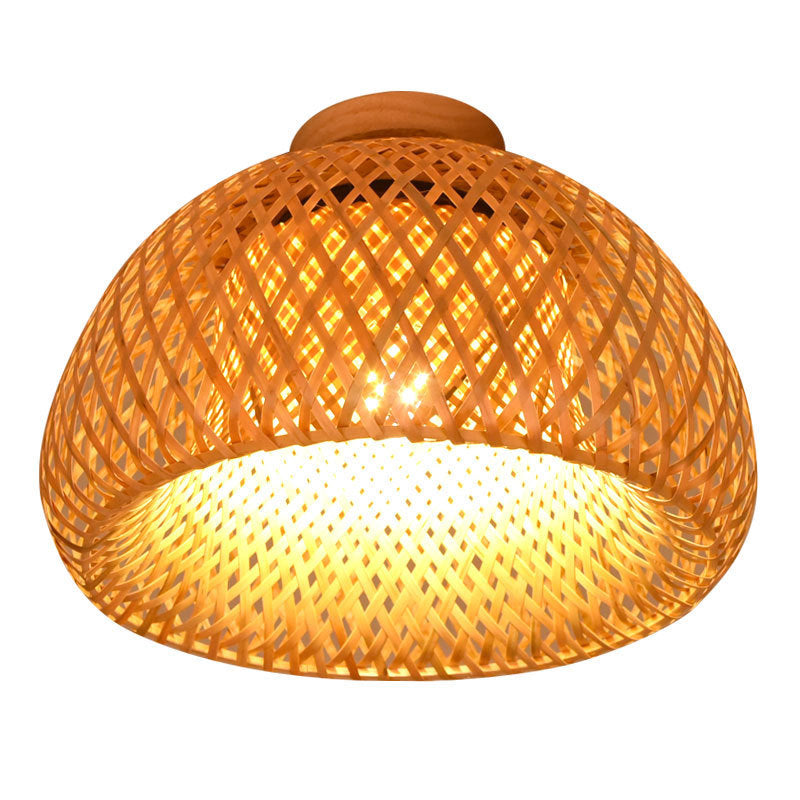 Lámpara de techo semiempotrada de 1 luz de madera maciza con tejido de bambú en semicírculo bohemio contemporáneo para pasillos 