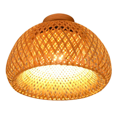 Contemporary Boho Dome Semicircle Bamboo Weaving Solid Wood 1 - Light Semi-Flush Mount Ceiling Light For Hallways