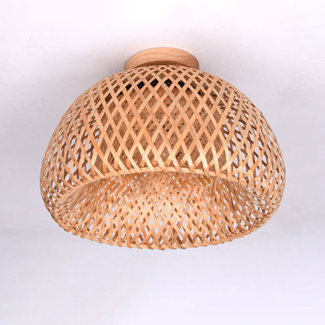 Lámpara de techo semiempotrada de 1 luz de madera maciza con tejido de bambú en semicírculo bohemio contemporáneo para pasillos 