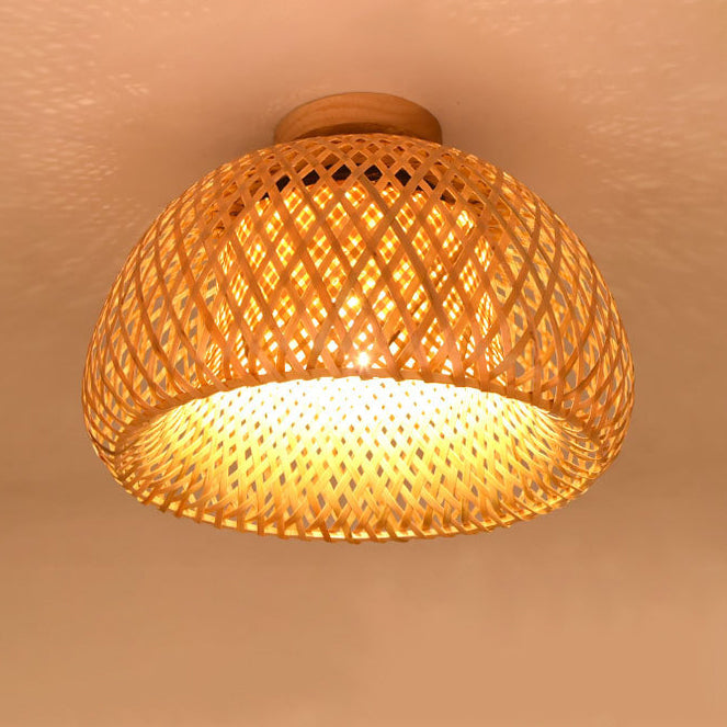 Lámpara de techo semiempotrada de 1 luz de madera maciza con tejido de bambú en semicírculo bohemio contemporáneo para pasillos 