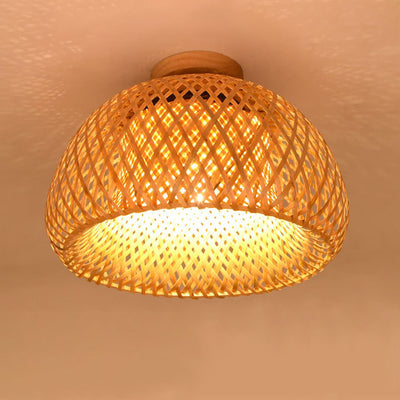 Contemporary Boho Dome Semicircle Bamboo Weaving Solid Wood 1 - Light Semi-Flush Mount Ceiling Light For Hallways