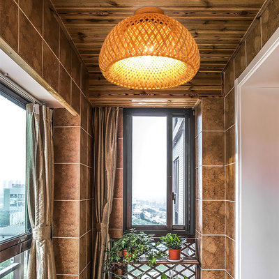 Contemporary Boho Dome Semicircle Bamboo Weaving Solid Wood 1 - Light Semi-Flush Mount Ceiling Light For Hallways