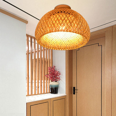 Contemporary Boho Dome Semicircle Bamboo Weaving Solid Wood 1 - Light Semi-Flush Mount Ceiling Light For Hallways