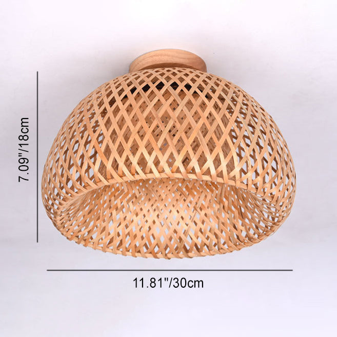 Lámpara de techo semiempotrada de 1 luz de madera maciza con tejido de bambú en semicírculo bohemio contemporáneo para pasillos 
