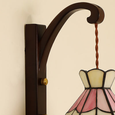 Traditional Tiffany Conical Pattern Oak Glass Copper 1 - Light Wall Sconce Lamp For Living Room