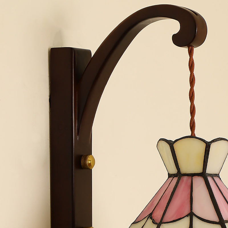 Traditional Tiffany Conical Pattern Oak Glass Copper 1 - Light Wall Sconce Lamp For Living Room