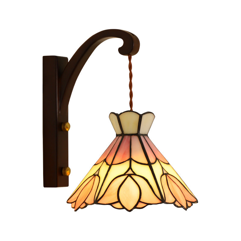 Traditional Tiffany Conical Pattern Oak Glass Copper 1 - Light Wall Sconce Lamp For Living Room