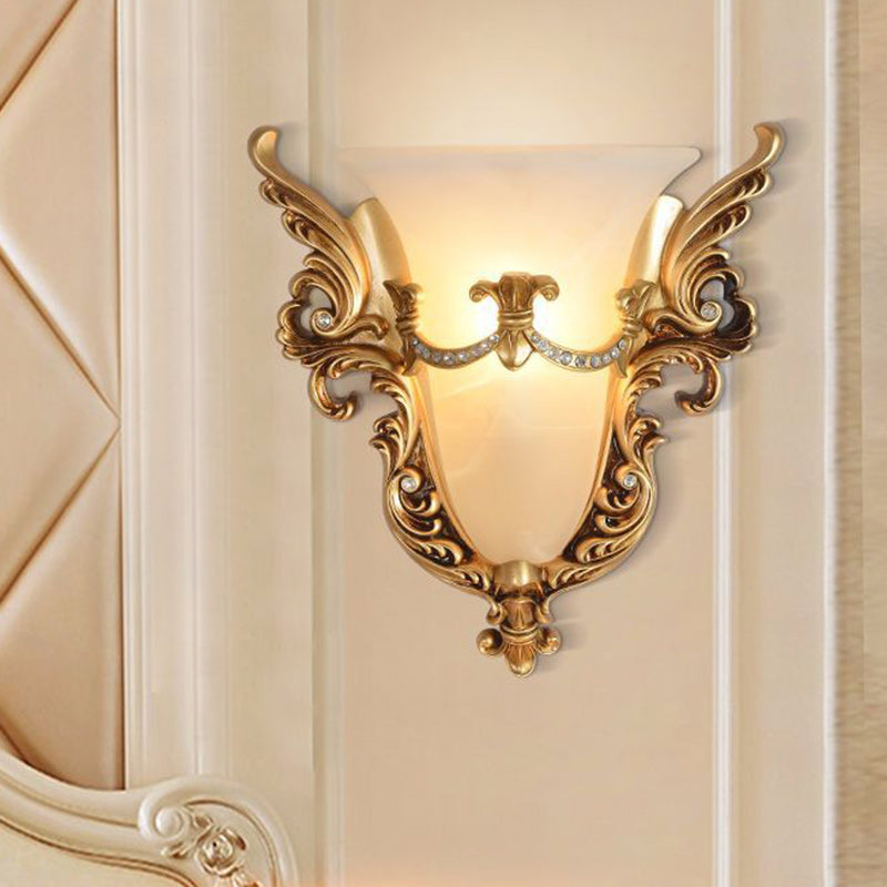 Traditional European Resin Carving Pattern Glass Lampshade 1 - Light Wall Sconce Lamp For Living Room