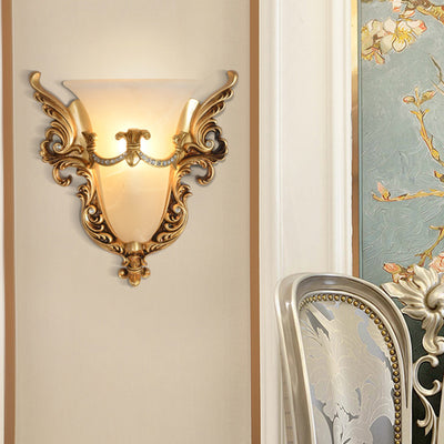 Traditional European Resin Carving Pattern Glass Lampshade 1 - Light Wall Sconce Lamp For Living Room
