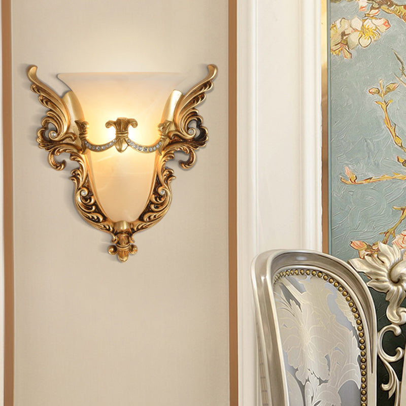 Traditional European Resin Carving Pattern Glass Lampshade 1 - Light Wall Sconce Lamp For Living Room