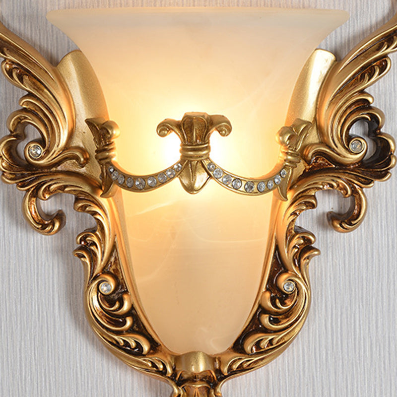 Traditional European Resin Carving Pattern Glass Lampshade 1 - Light Wall Sconce Lamp For Living Room