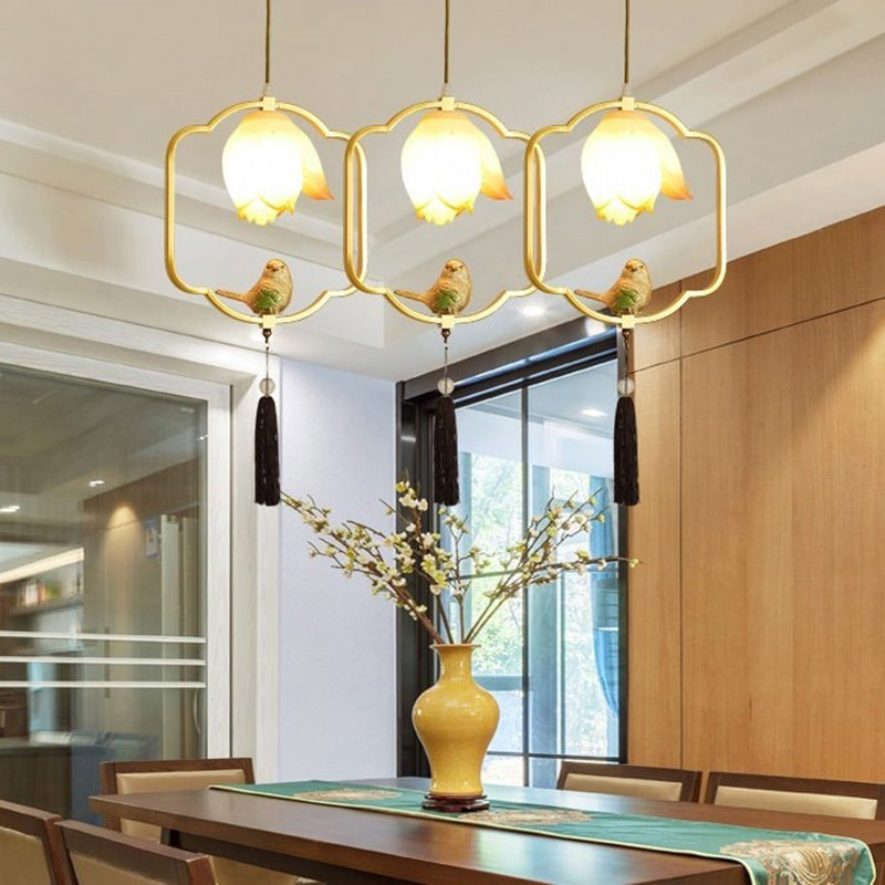 Suspension Luminaire Traditionnel Chinois en Résine de Fer avec Oiseau et Lotus de Forme Ovale Polygone 1 - Lumière pour Salle à Manger 