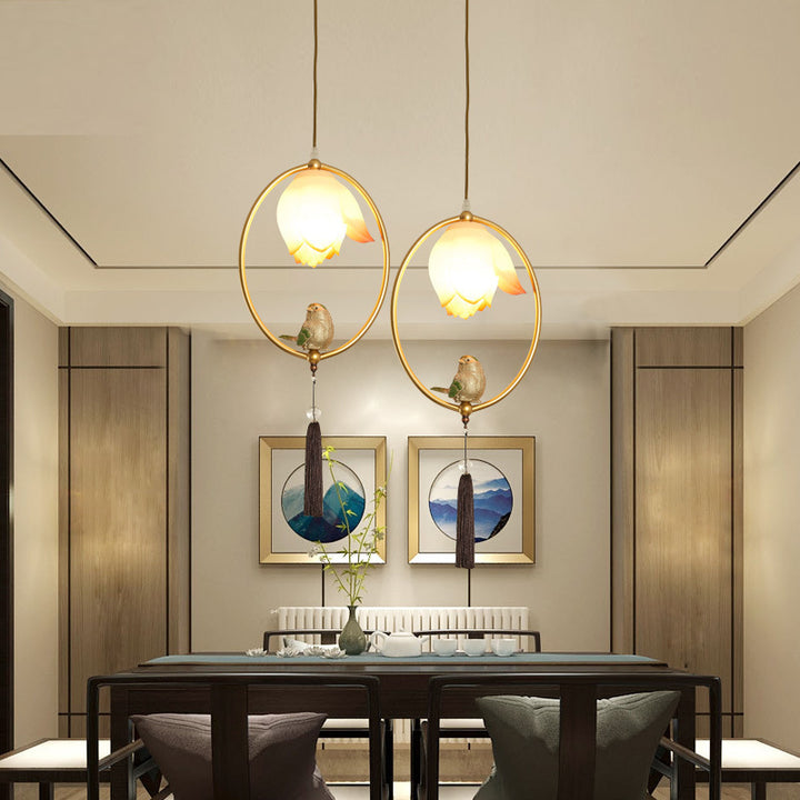 Suspension Luminaire Traditionnel Chinois en Résine de Fer avec Oiseau et Lotus de Forme Ovale Polygone 1 - Lumière pour Salle à Manger 