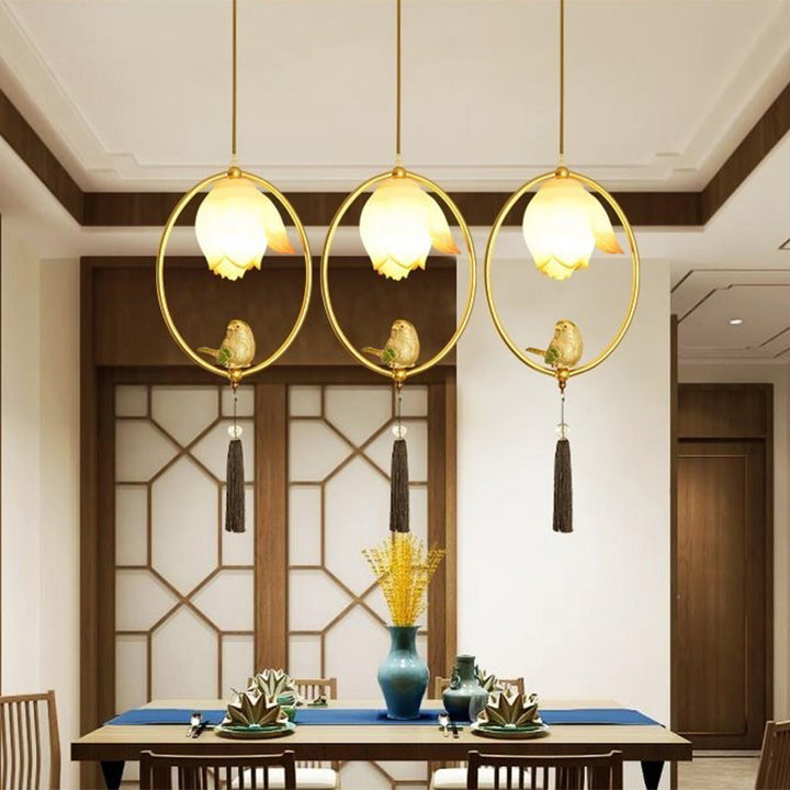 Suspension Luminaire Traditionnel Chinois en Résine de Fer avec Oiseau et Lotus de Forme Ovale Polygone 1 - Lumière pour Salle à Manger 