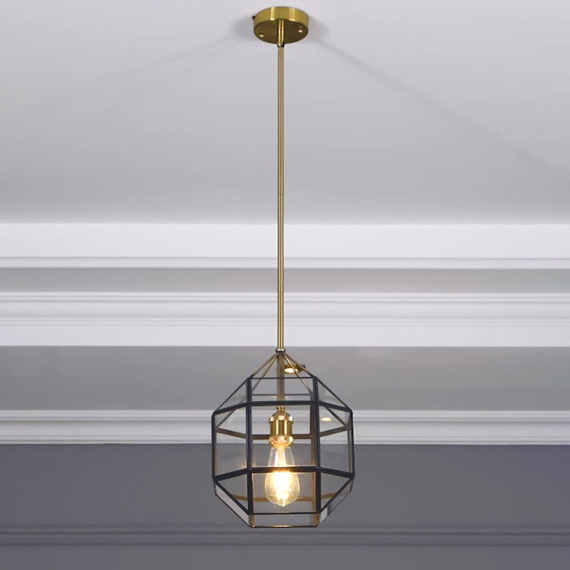 Zeitgenössischer skandinavischer polygonaler Würfel-Kupfer-Glas-Lampenschirm 1 - Licht-Pendelleuchte für das Esszimmer 
