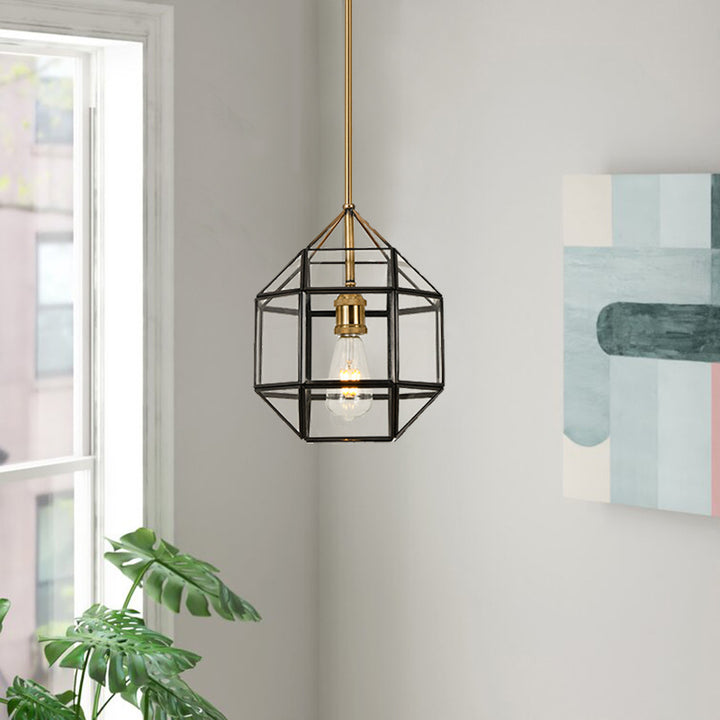 Contemporary Scandinavian Polygonal Cube Copper Glass Lampshade 1 - Light Pendant Light For Dining Room