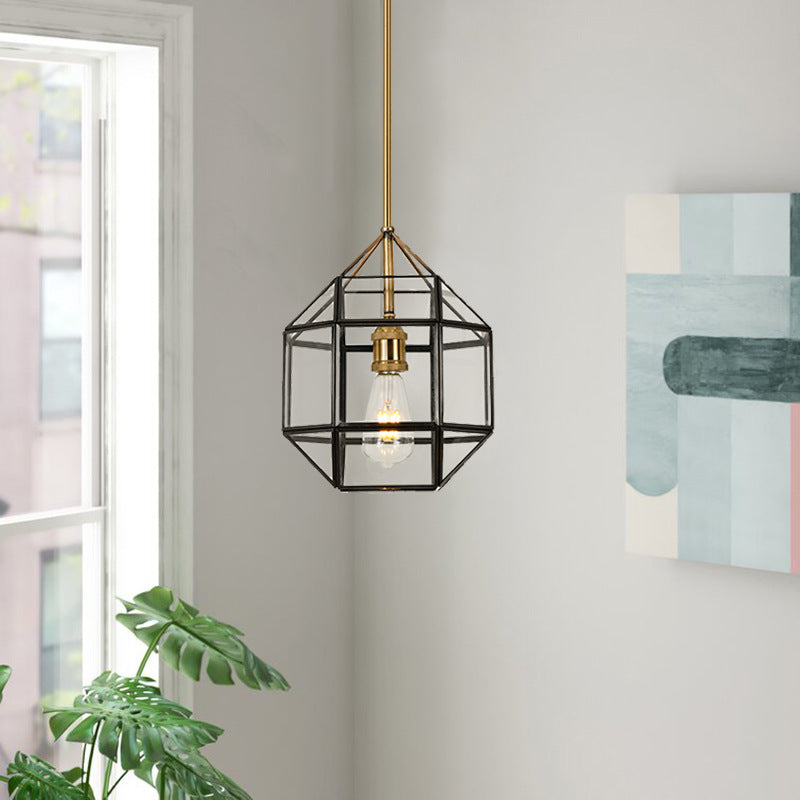 Zeitgenössischer skandinavischer polygonaler Würfel-Kupfer-Glas-Lampenschirm 1 - Licht-Pendelleuchte für das Esszimmer 