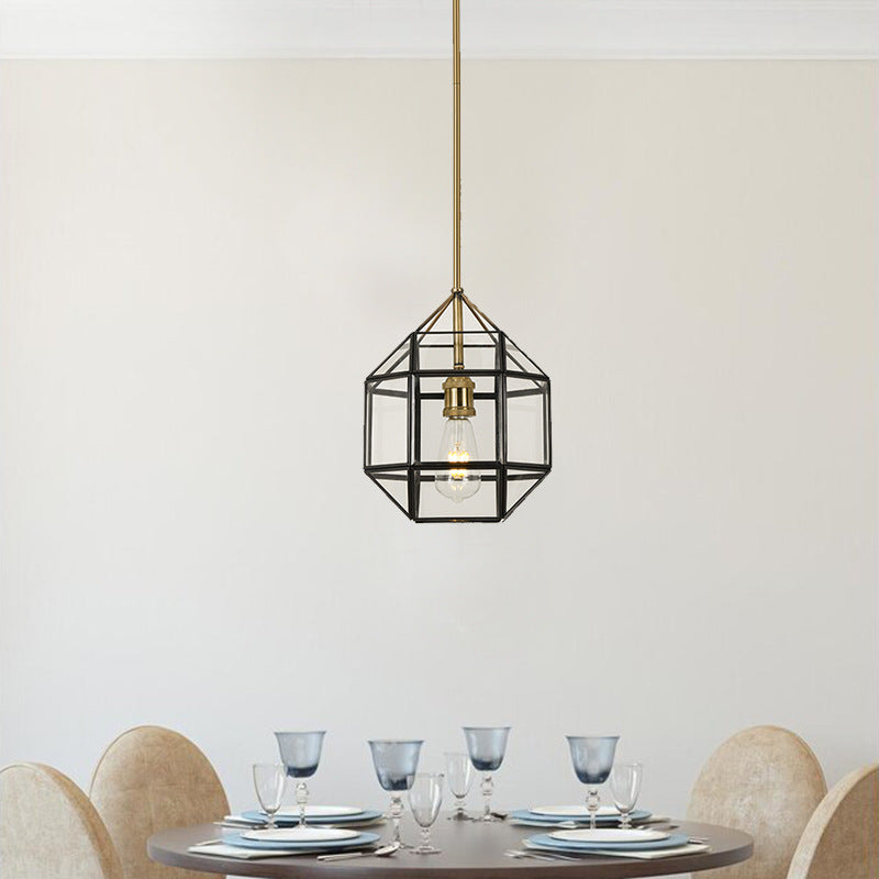 Zeitgenössischer skandinavischer polygonaler Würfel-Kupfer-Glas-Lampenschirm 1 - Licht-Pendelleuchte für das Esszimmer 