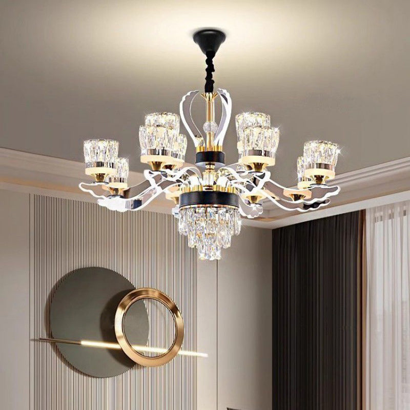 Moderner luxuriöser Edelstahl Acryl Kristall Zylinder Lampenschirm LED Kronleuchter für das Esszimmer 