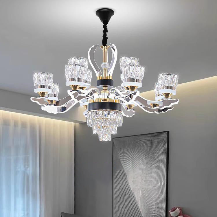 Moderner luxuriöser Edelstahl Acryl Kristall Zylinder Lampenschirm LED Kronleuchter für das Esszimmer 