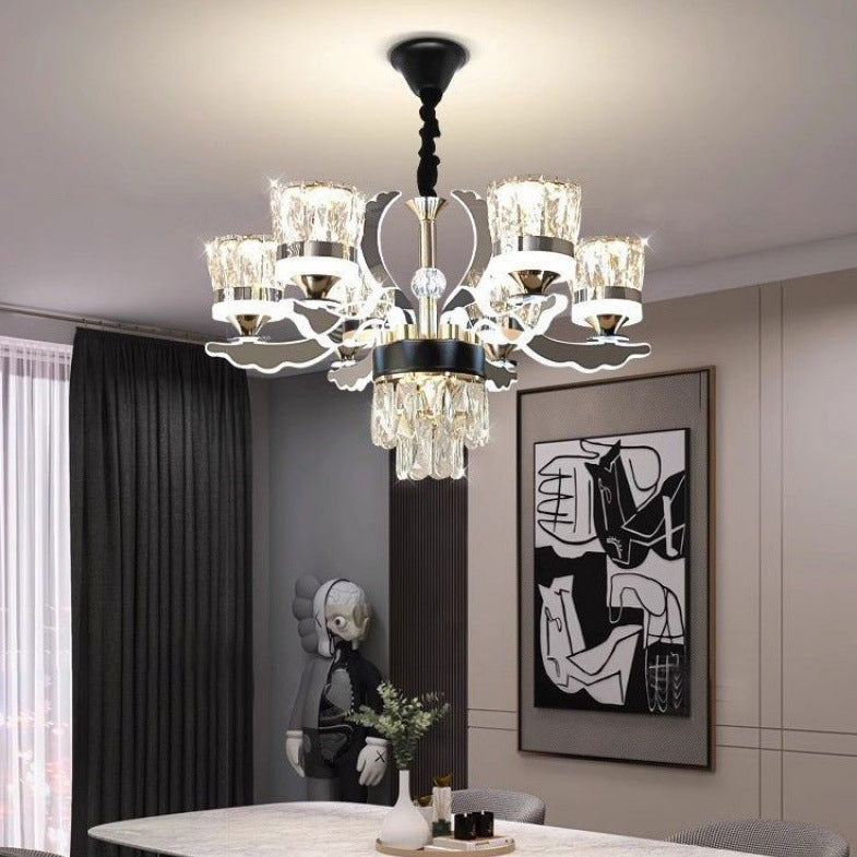 Moderner luxuriöser Edelstahl Acryl Kristall Zylinder Lampenschirm LED Kronleuchter für das Esszimmer 