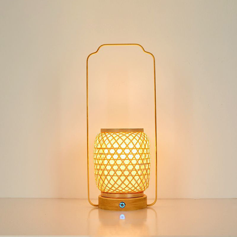 Abat-jour en verre tissé en bambou cylindrique japonais traditionnel Base en bois massif ronde portable Lampe de table 1 lumière pour salle à manger 