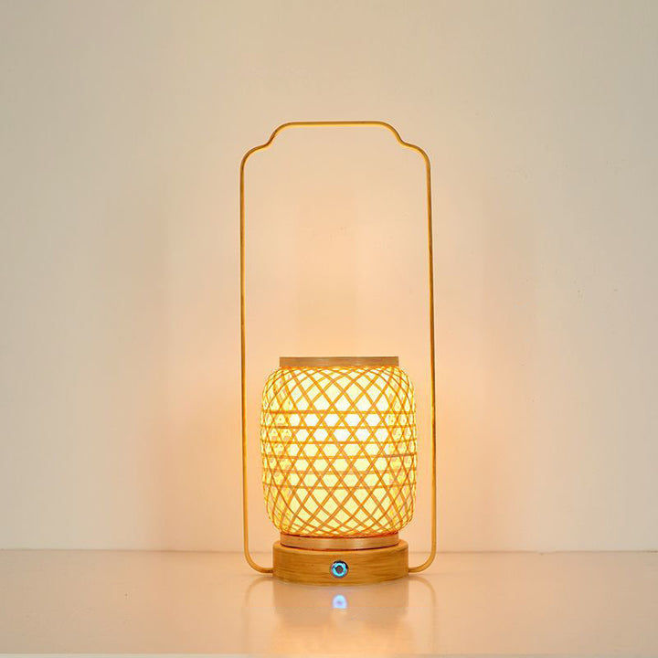 Abat-jour en verre tissé en bambou cylindrique japonais traditionnel Base en bois massif ronde portable Lampe de table 1 lumière pour salle à manger 