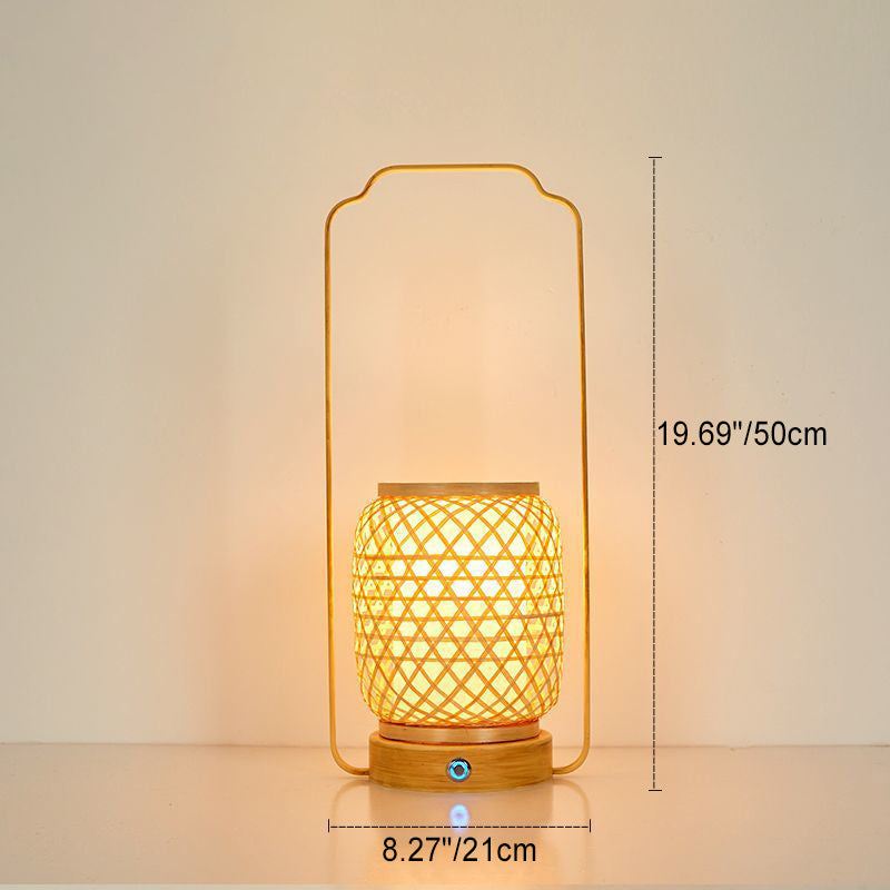 Abat-jour en verre tissé en bambou cylindrique japonais traditionnel Base en bois massif ronde portable Lampe de table 1 lumière pour salle à manger 