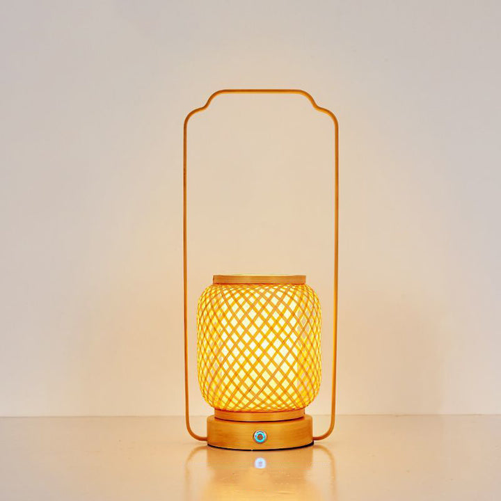 Abat-jour en verre tissé en bambou cylindrique japonais traditionnel Base en bois massif ronde portable Lampe de table 1 lumière pour salle à manger 