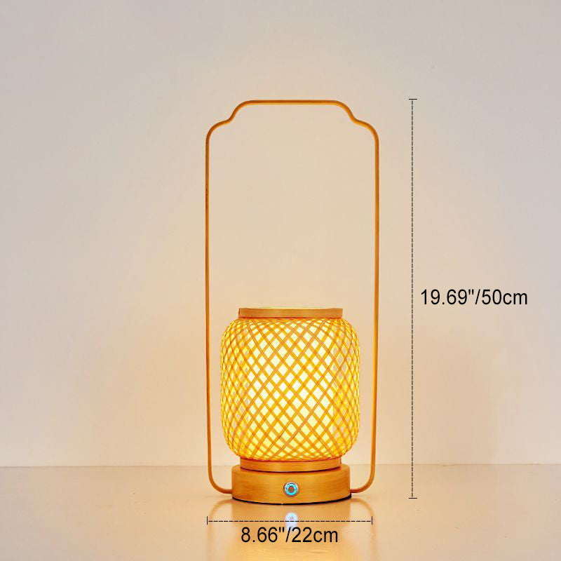 Abat-jour en verre tissé en bambou cylindrique japonais traditionnel Base en bois massif ronde portable Lampe de table 1 lumière pour salle à manger 