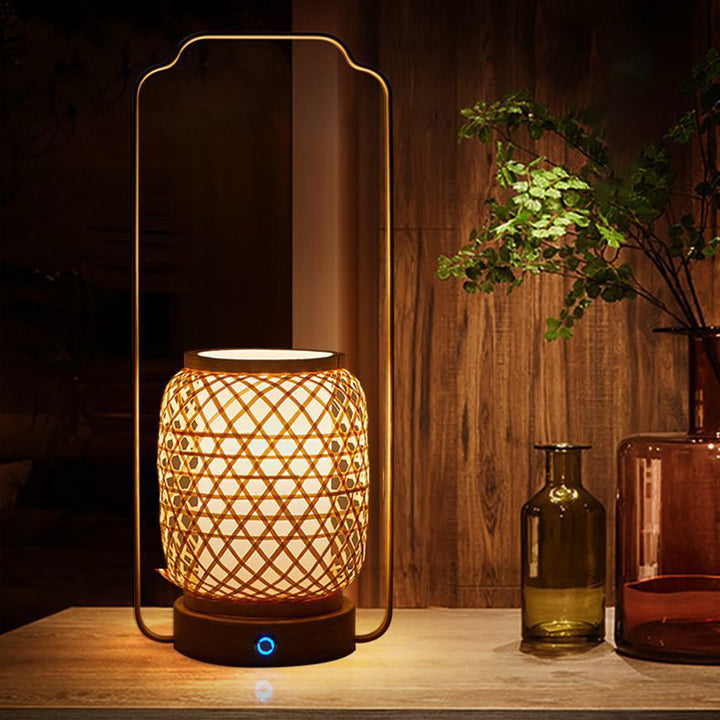 Traditional Japanese Cylinder Bamboo Weaving Acrylic Lampshade Round Rubberwood Base Portable 1 - Light Table Lamp For Dining Room