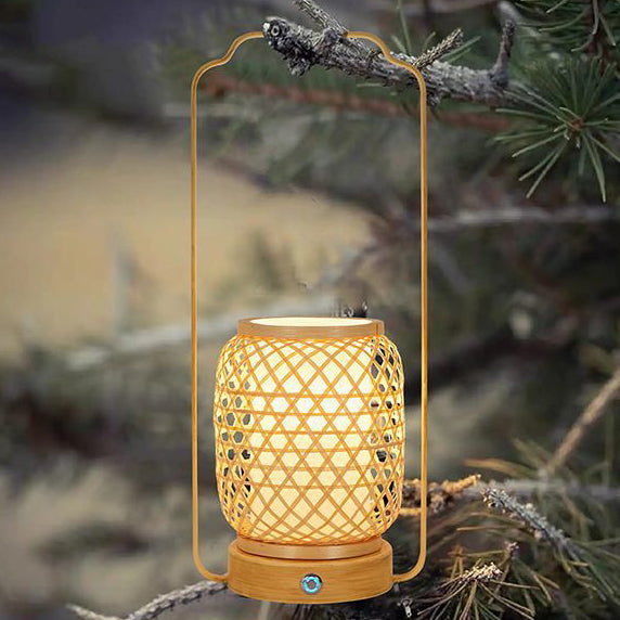 Traditional Japanese Cylinder Bamboo Weaving Acrylic Lampshade Round Rubberwood Base Portable 1 - Light Table Lamp For Dining Room