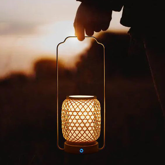 Abat-jour en verre tissé en bambou cylindrique japonais traditionnel Base en bois massif ronde portable Lampe de table 1 lumière pour salle à manger 