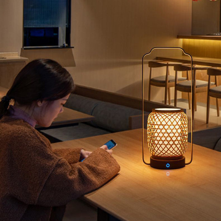 Traditional Japanese Cylinder Bamboo Weaving Acrylic Lampshade Round Rubberwood Base Portable 1 - Light Table Lamp For Dining Room