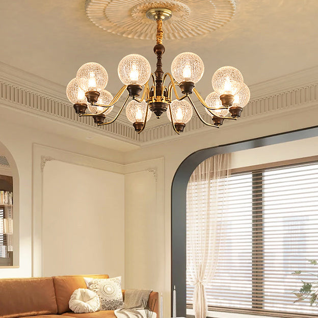 Traditional French Round Balls Ash Brass Glass Lampshade 6/8/10-Light Chandelier For Dining Room