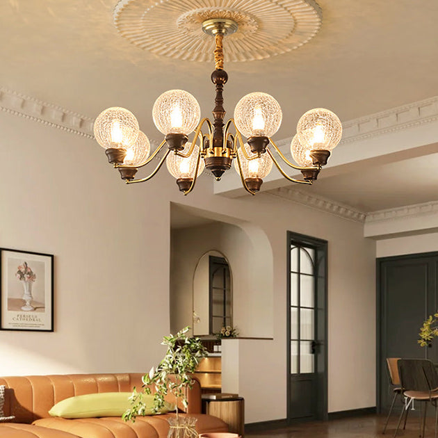 Traditional French Round Balls Ash Brass Glass Lampshade 6/8/10-Light Chandelier For Dining Room