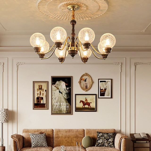 Traditional French Round Balls Ash Brass Glass Lampshade 6/8/10-Light Chandelier For Dining Room