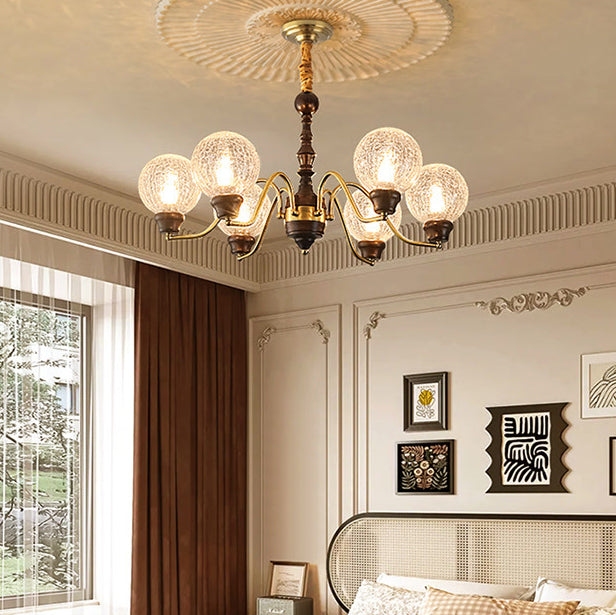 Traditional French Round Balls Ash Brass Glass Lampshade 6/8/10-Light Chandelier For Dining Room