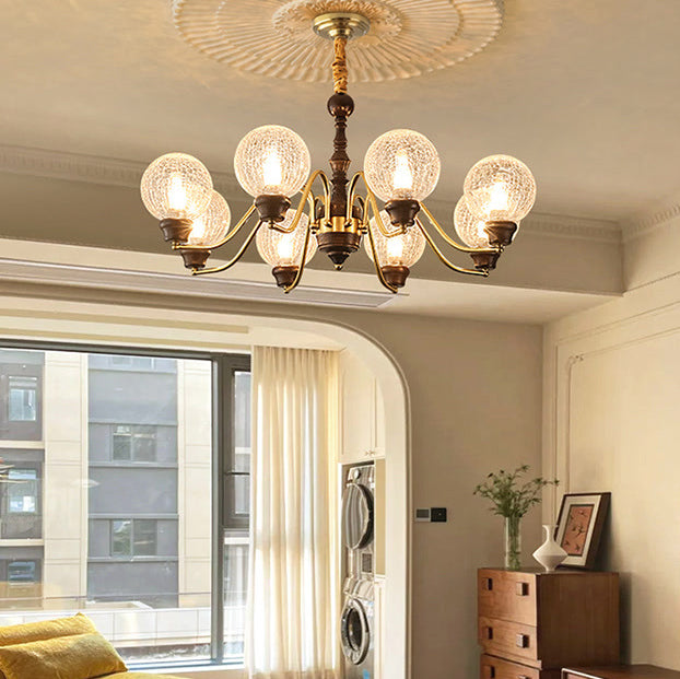 Traditional French Round Balls Ash Brass Glass Lampshade 6/8/10-Light Chandelier For Dining Room