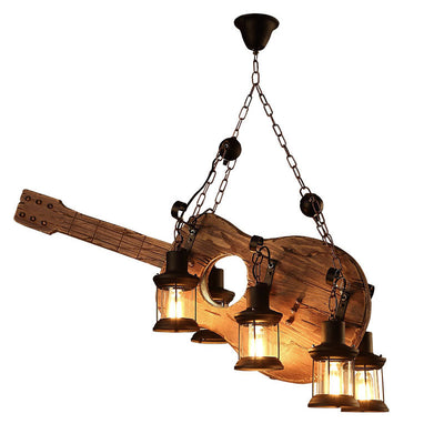 Contemporary Creative Guitar Shape Solid Wood Iron 6 - Light Chandelier For Dining Room