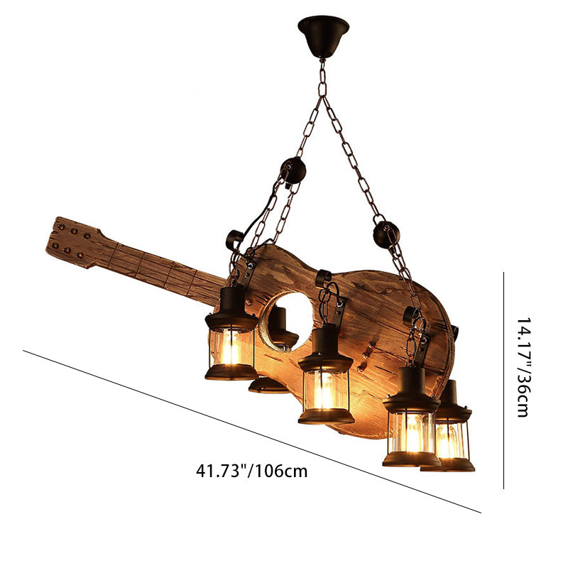 Contemporary Creative Guitar Shape Solid Wood Iron 6 - Light Chandelier For Dining Room