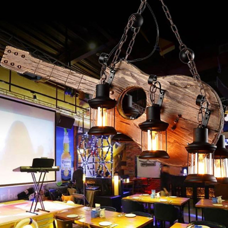 Contemporary Creative Guitar Shape Solid Wood Iron 6 - Light Chandelier For Dining Room